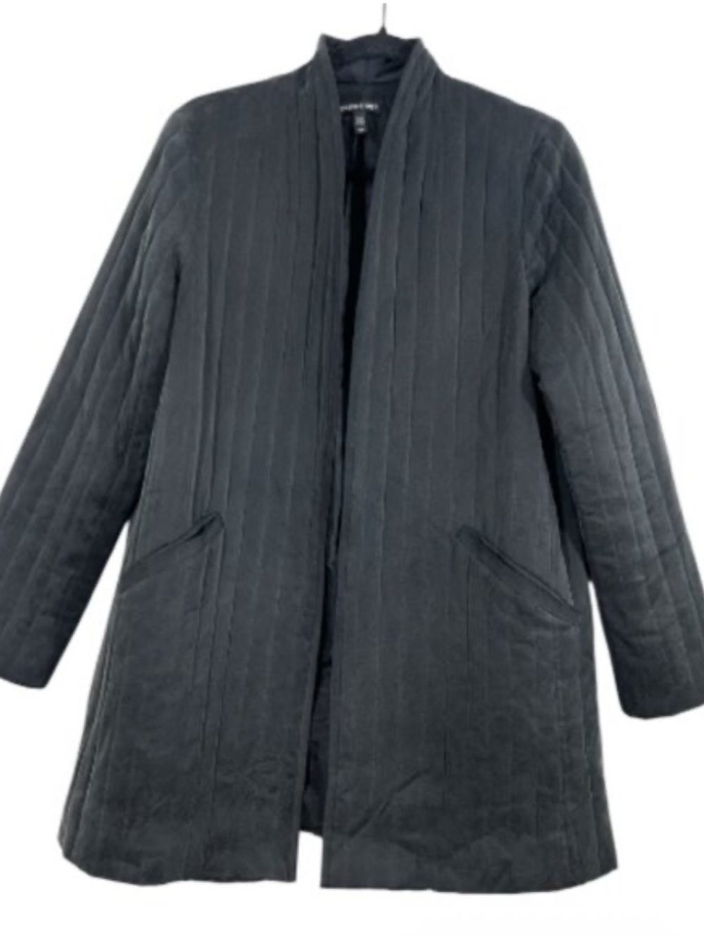 Eileen Fisher Coat Womens Small Black Mandarin Collar Silk Long Quilted Jacket